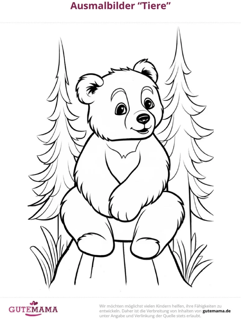 malvorlage-baer-auf-baumstumpf-mit-tannenbaeumen