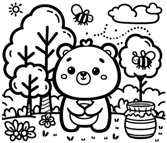 malvorlage-baer-in-der-natur-mit-baeumen-und-bienen