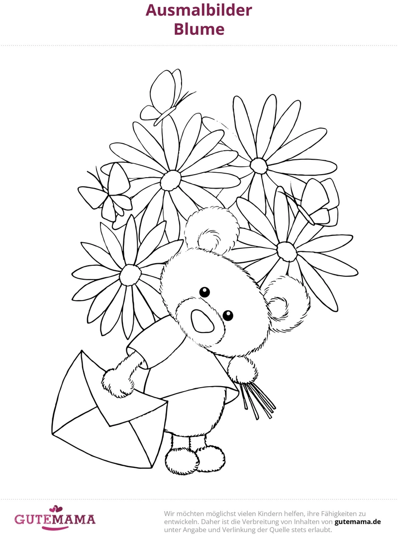 malvorlage-baer-mit-blumen-und-schmetterlingen