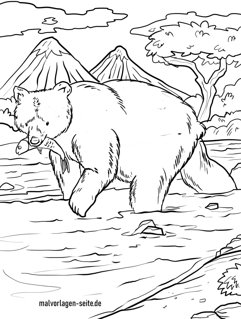 malvorlage-baer-mit-fisch-im-wasser-vor-bergen