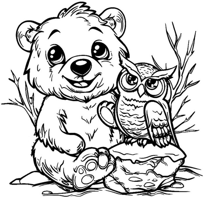 malvorlage-baer-und-eule-in-der-natur