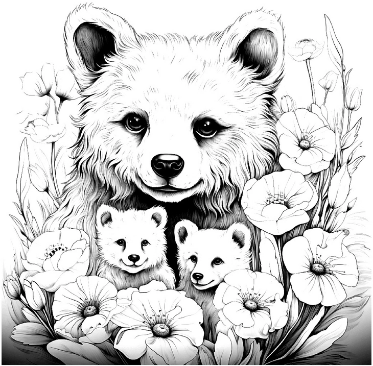 malvorlage-baerenfamilie-mit-blumen