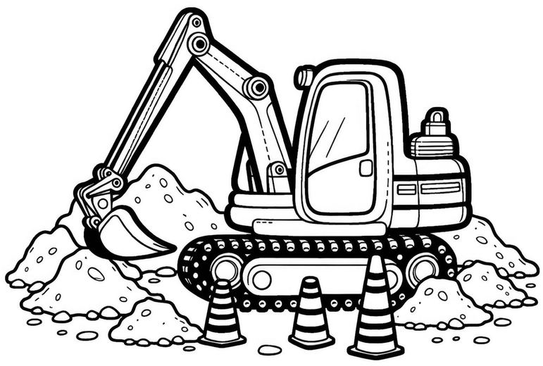 malvorlage-bagger-auf-baustelle-mit-absperrungen