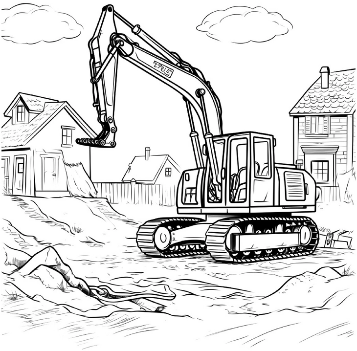 malvorlage-bagger-auf-baustelle-mit-häusern