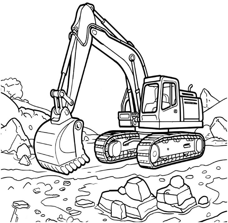 malvorlage-bagger-auf-baustelle-mit-schaufel-und-steinen