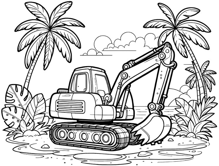malvorlage-bagger-in-tropischer-umgebung