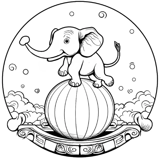 malvorlage-balancierender-elefant-auf-zirkusball