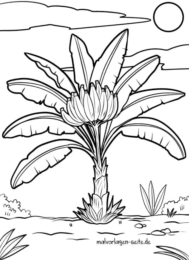 malvorlage-banana-in-tropischer-umgebung