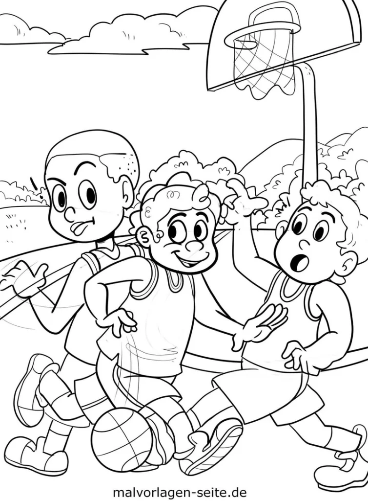 malvorlage-basketballspielende-kinder-in-sportlicher-action