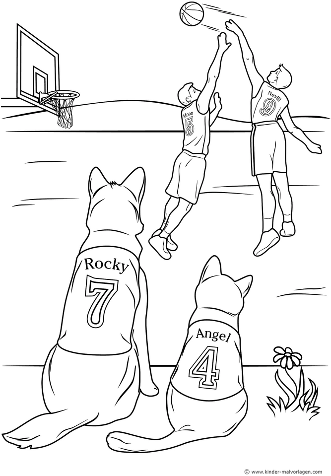 malvorlage-basketballspieler-mit-tierischen-zuschauern