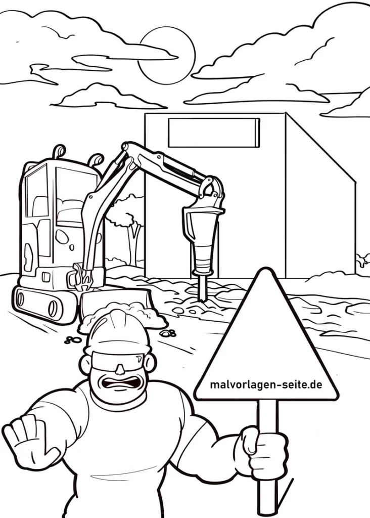 malvorlage-bauarbeiter-bagger-auf-baustelle