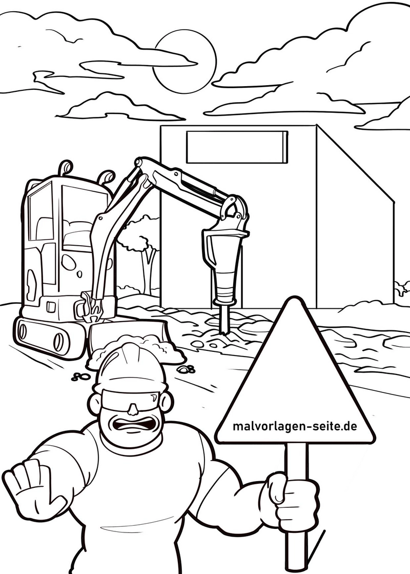 malvorlage-bauarbeiter-bagger-auf-baustelle