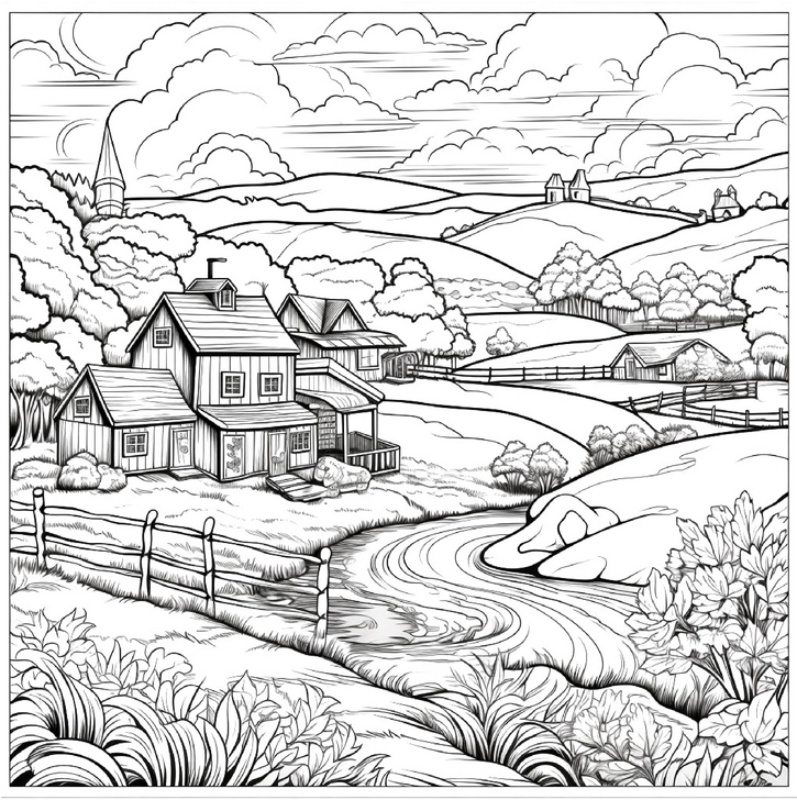 malvorlage-bauernhaus-in-einer-naturlandschaft