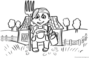 malvorlage-bauernhof-kind-mit-forke-und-eimer