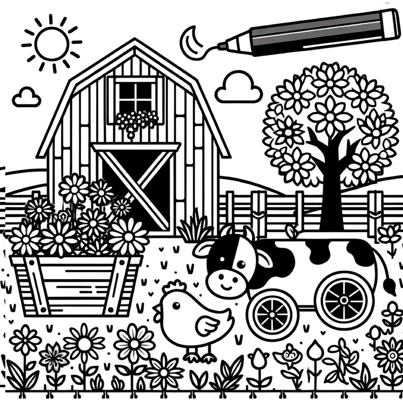 malvorlage-bauernhof-mit-tieren-und-blumen