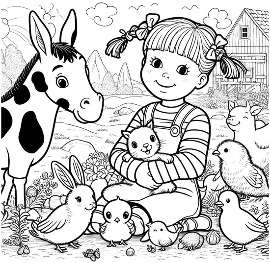 malvorlage-bauernhof-mit-tieren-und-maedchen