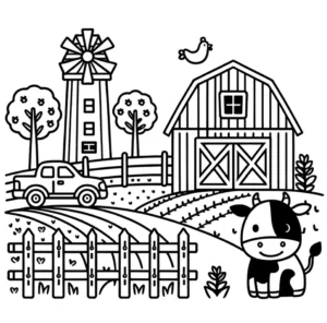 malvorlage-bauernhof-szene-mit-kuh-und-windmuehle