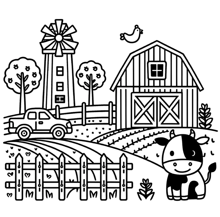malvorlage-bauernhof-szene-mit-kuh-und-windmuehle