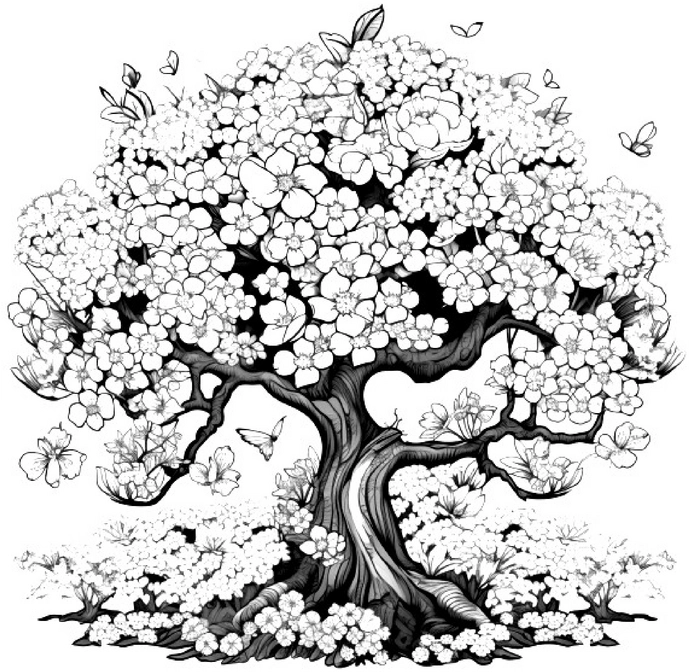malvorlage-baum-mit-blueten-und-schmetterlingen