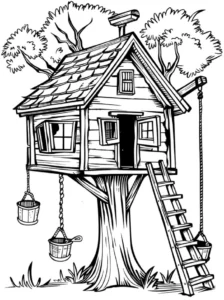 malvorlage-baumhaus-im-baum-mit-fenster-und-leiter