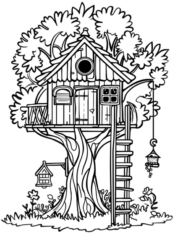 malvorlage-baumhaus-im-gruenen-mit-vogelhaeuschen