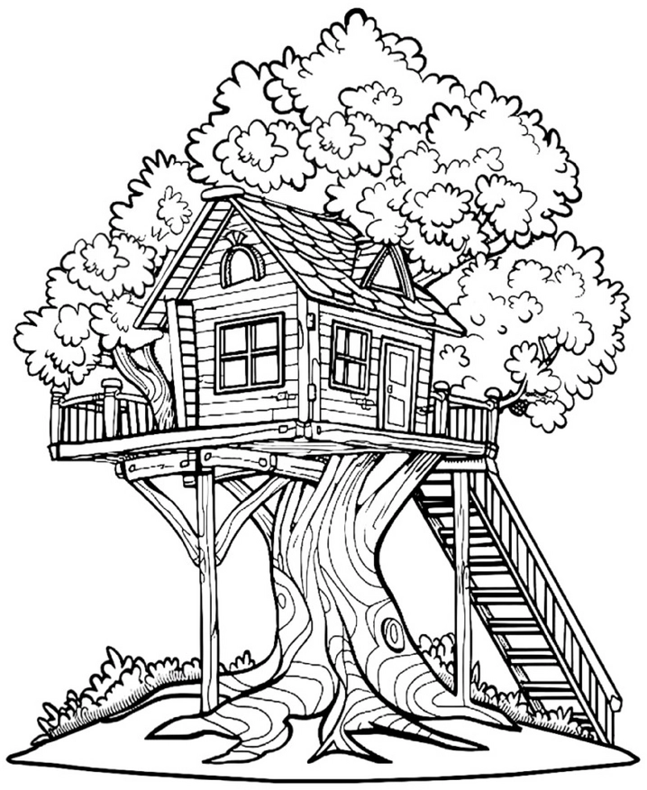malvorlage-baumhaus-in-einem-laubbaum-mit-treppe