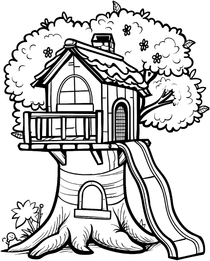 malvorlage-baumhaus-mit-rutsche-und-naturdetails
