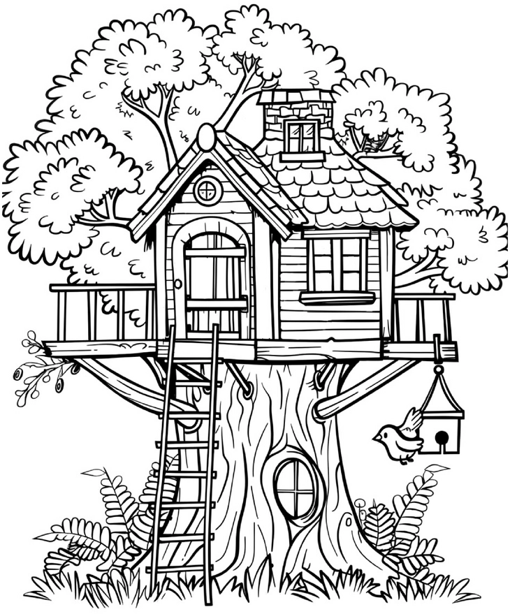 malvorlage-baumhaus-mit-voegeln-in-der-natur