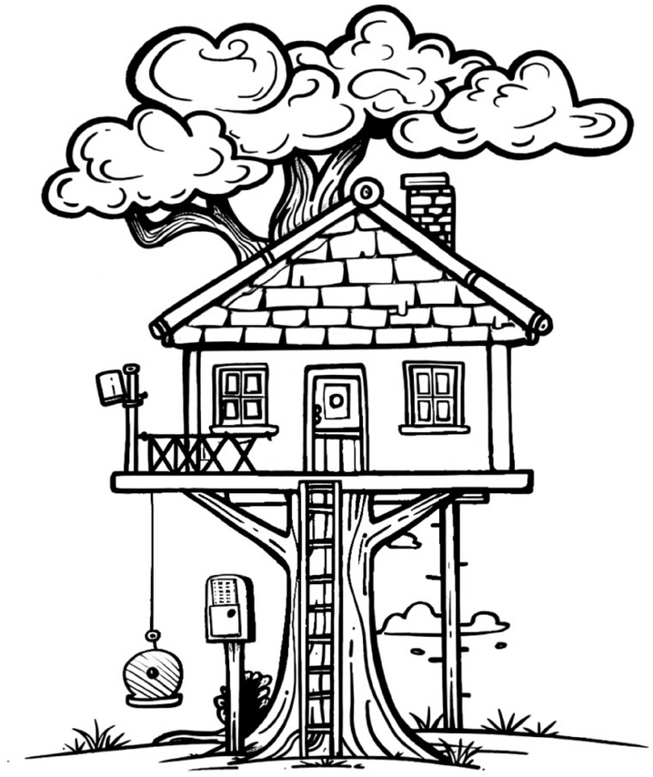 malvorlage-baumhaus-mit-wolken-und-leiter