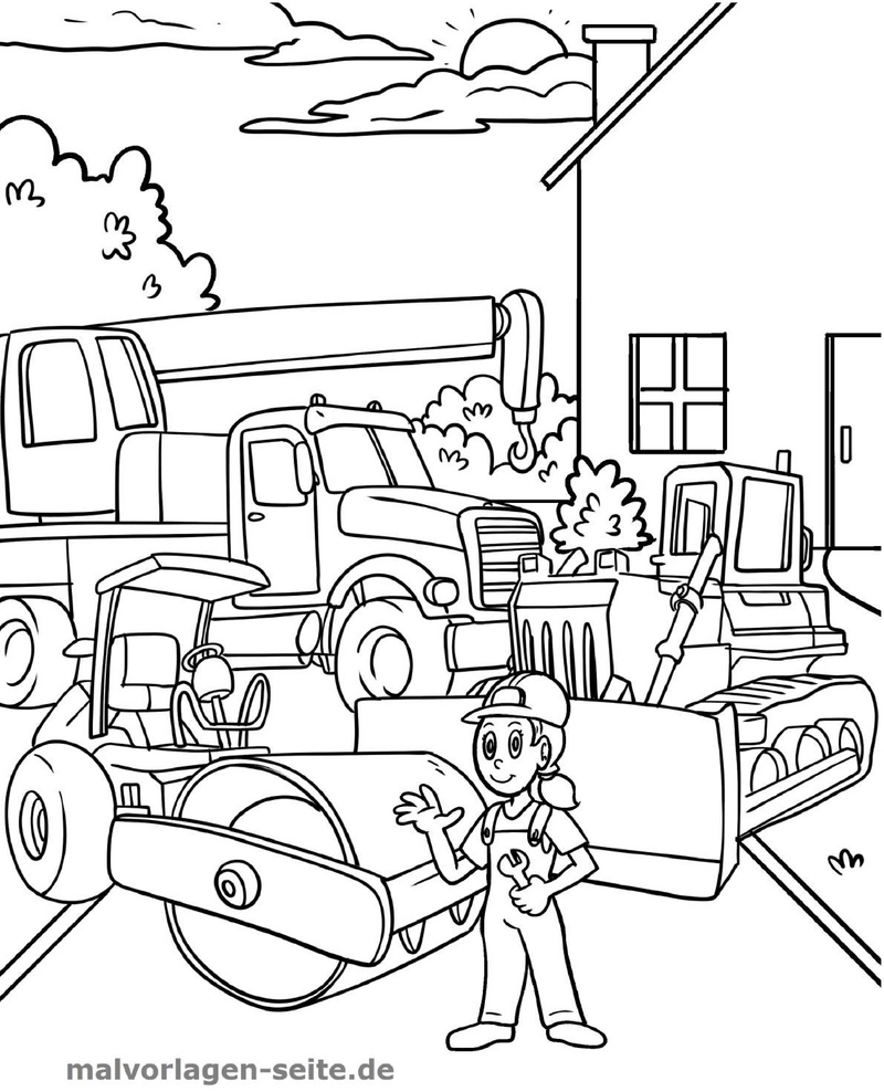 malvorlage-baustelle-fahrzeuge-mit-sonnenuntergang