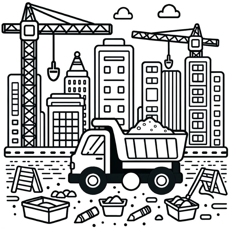 malvorlage-baustelle-lastwagen-und-kraene