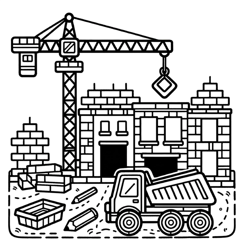 malvorlage-baustelle-mit-kran-und-lkw