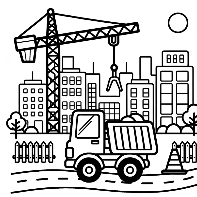 malvorlage-baustelle-mit-kran-und-transporter
