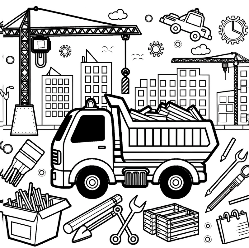 malvorlage-baustelle-mit-lkw-und-kraenen