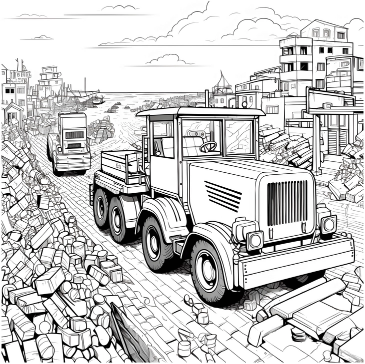 malvorlage-baustelle-mit-traktor-und-lkw