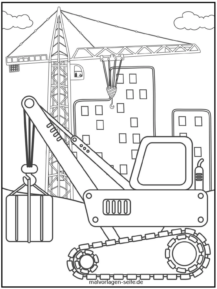 malvorlage-baustellenfahrzeug-mit-kran-und-gebaeuden