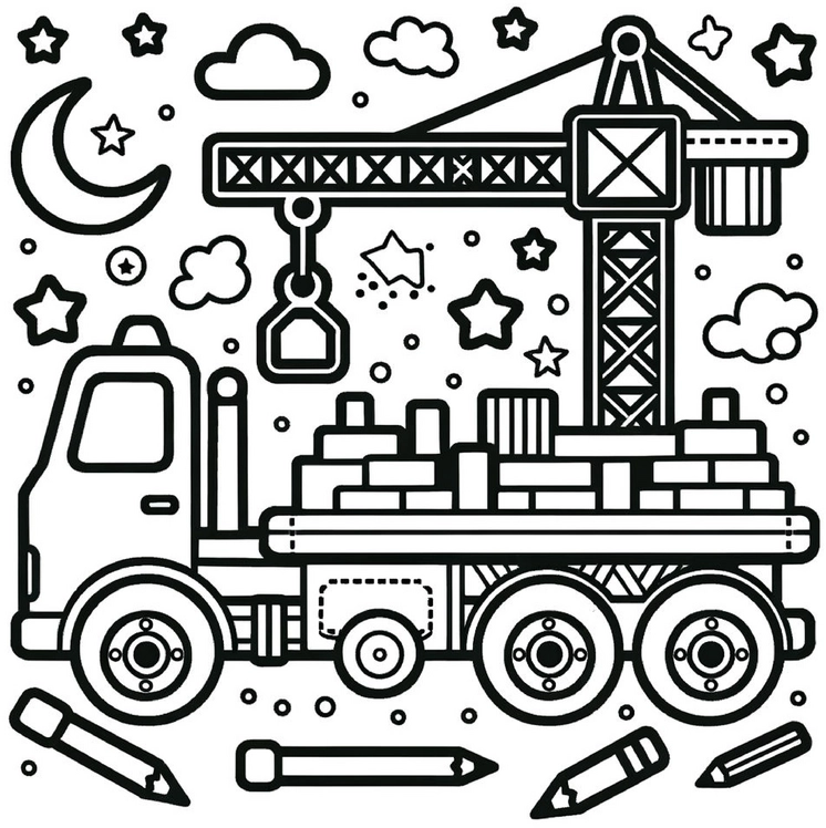 malvorlage-baustellenfahrzeug-mit-kran-und-sternen