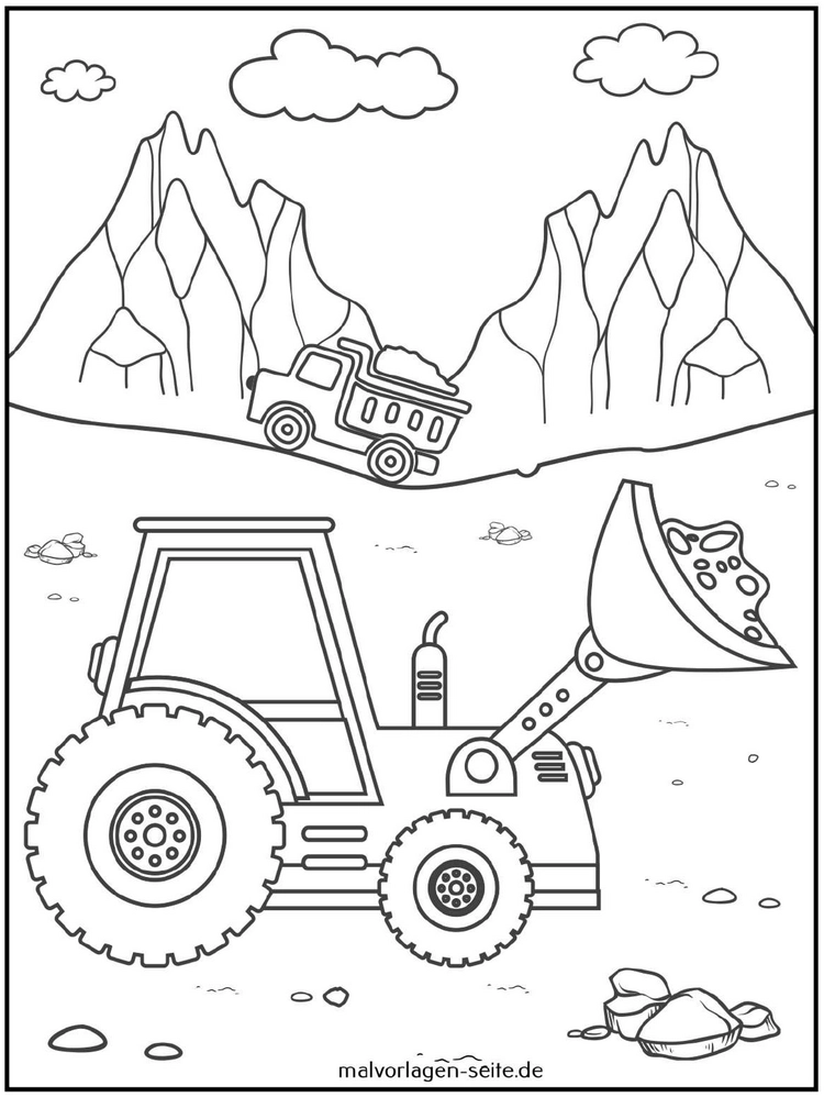malvorlage-baustellenfahrzeuge-traktor-lkw-berglandschaft