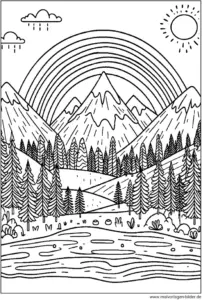 malvorlage-berge-und-regenbogen-ausmalbild