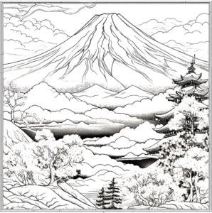 malvorlage-berglandschaft-traditionelle-architektur