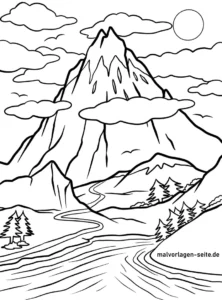 malvorlage-berglanschaft-mit-fluss-und-wolken