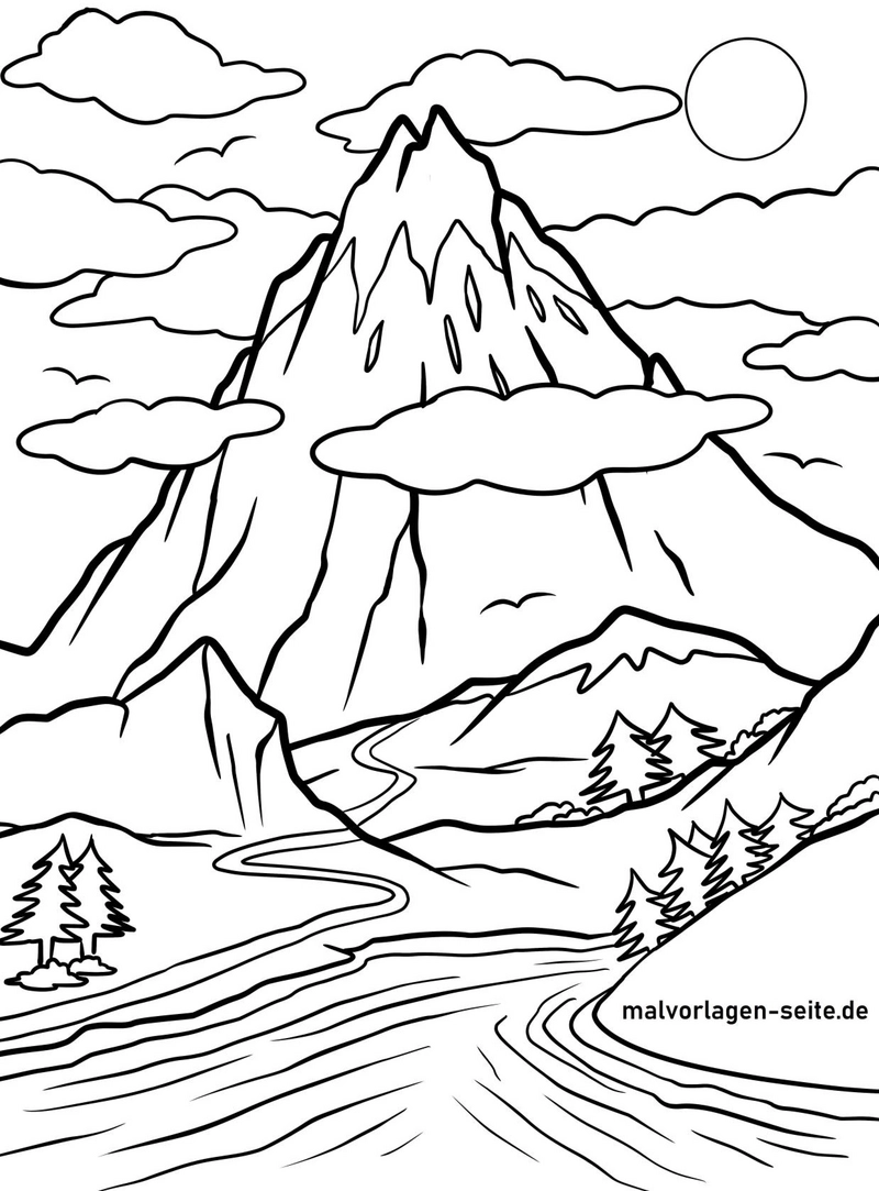 malvorlage-berglanschaft-mit-fluss-und-wolken