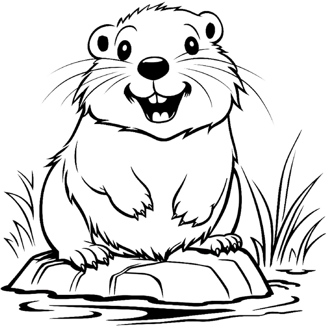 malvorlage-biber-auf-steinen-im-wasser-mit-gras