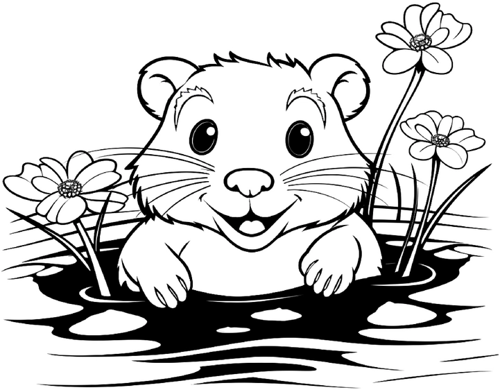 malvorlage-biber-im-wasser-mit-blumen