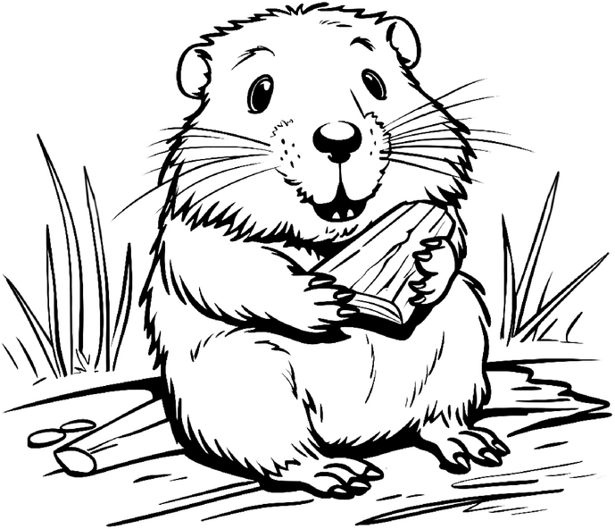 malvorlage-biber-mit-holzstück-und-naturhintergrund