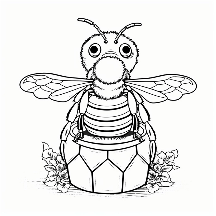 malvorlage-biene-auf-bienenstock-und-blumen