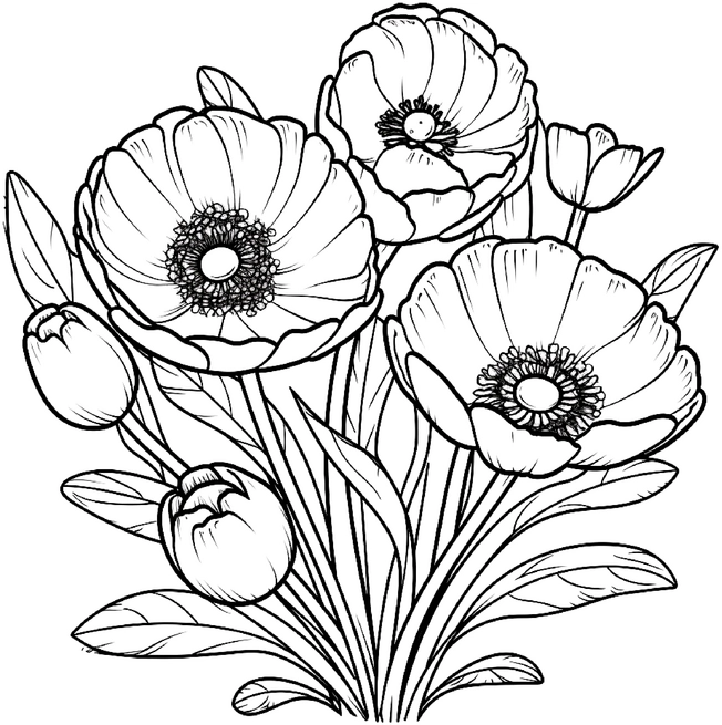 malvorlage-blumenarrangement-klatschmohn-tulpen