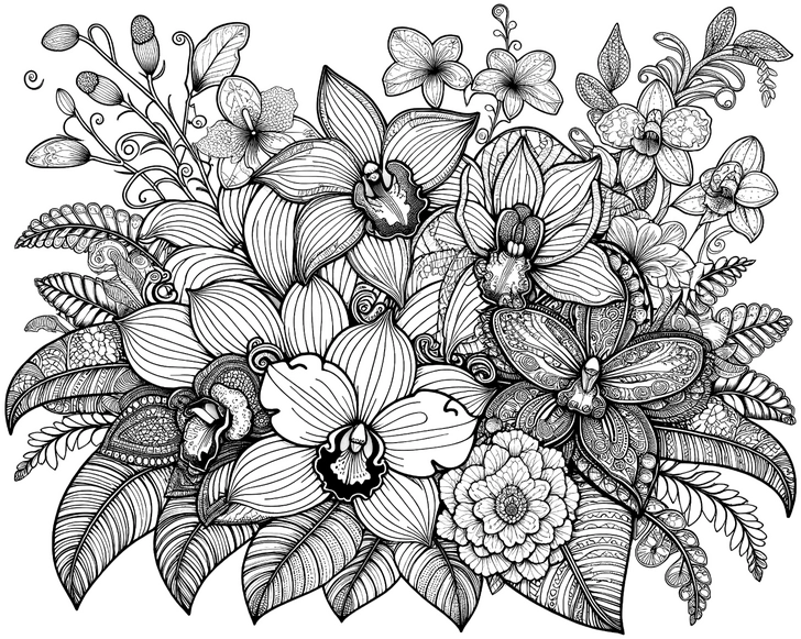 malvorlage-blumenarrangement-orchideen-ausmalbild