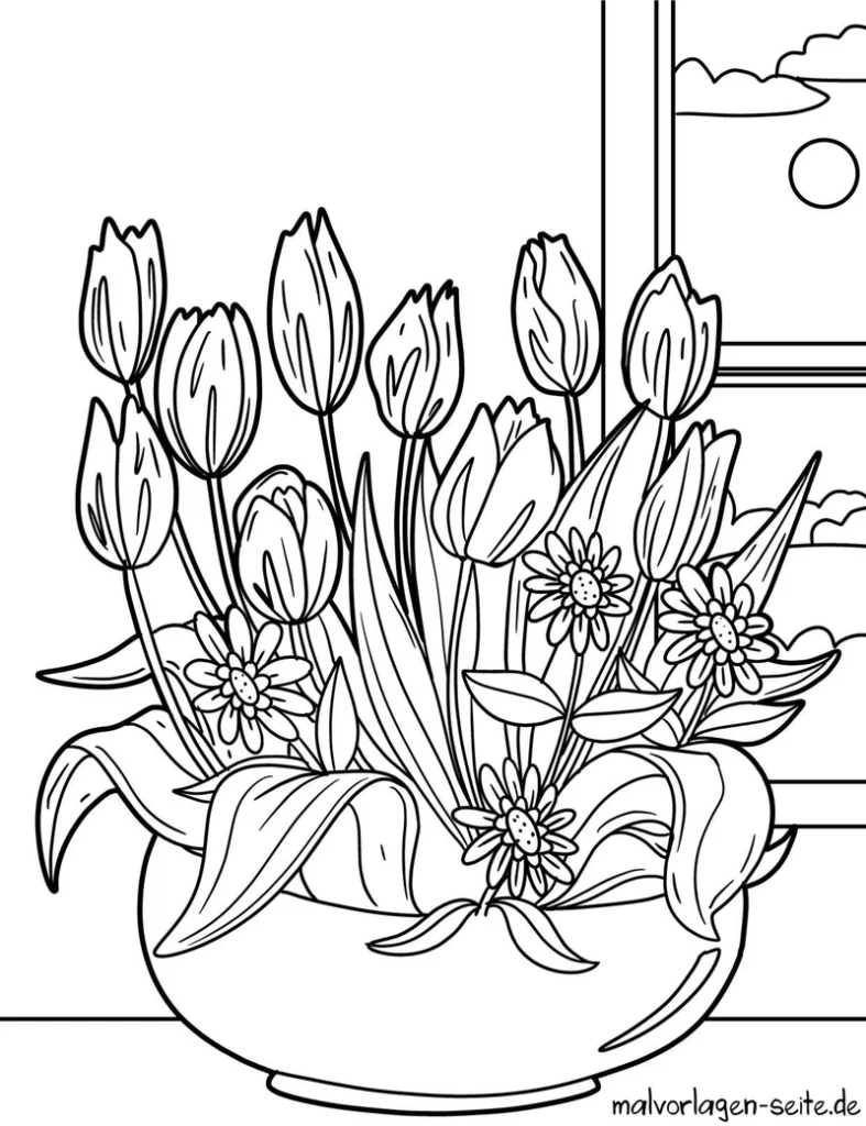 malvorlage-blumenarrangement-tulpen-gaensebluemchen
