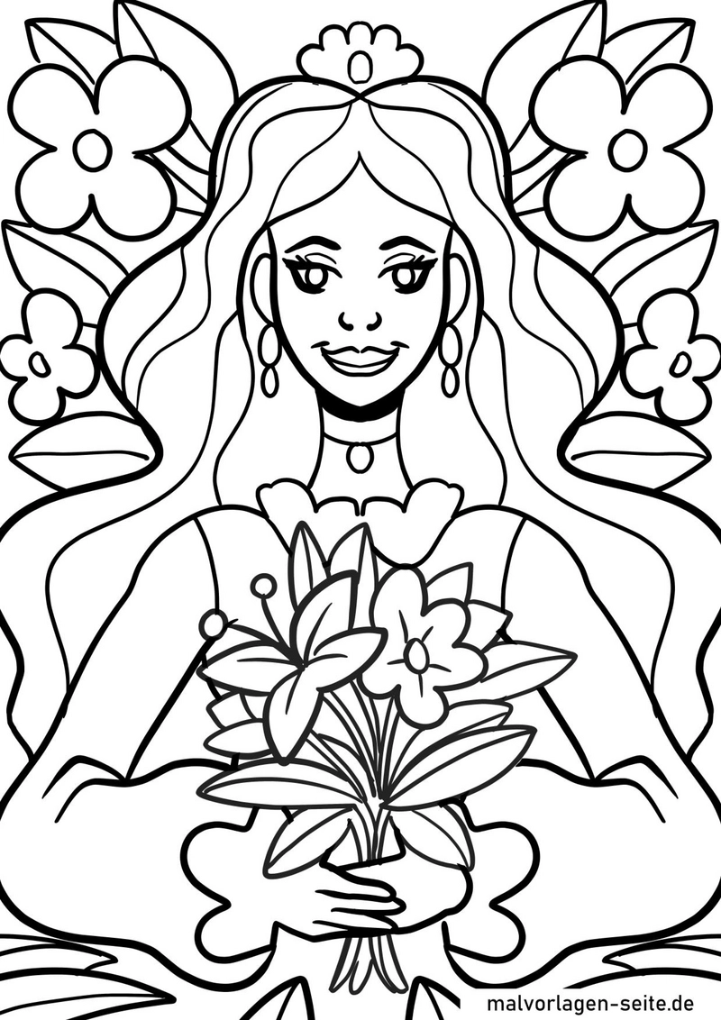 malvorlage-blumenmaedchen-mit-blumenstrauss-und-umgebenden-pflanzen